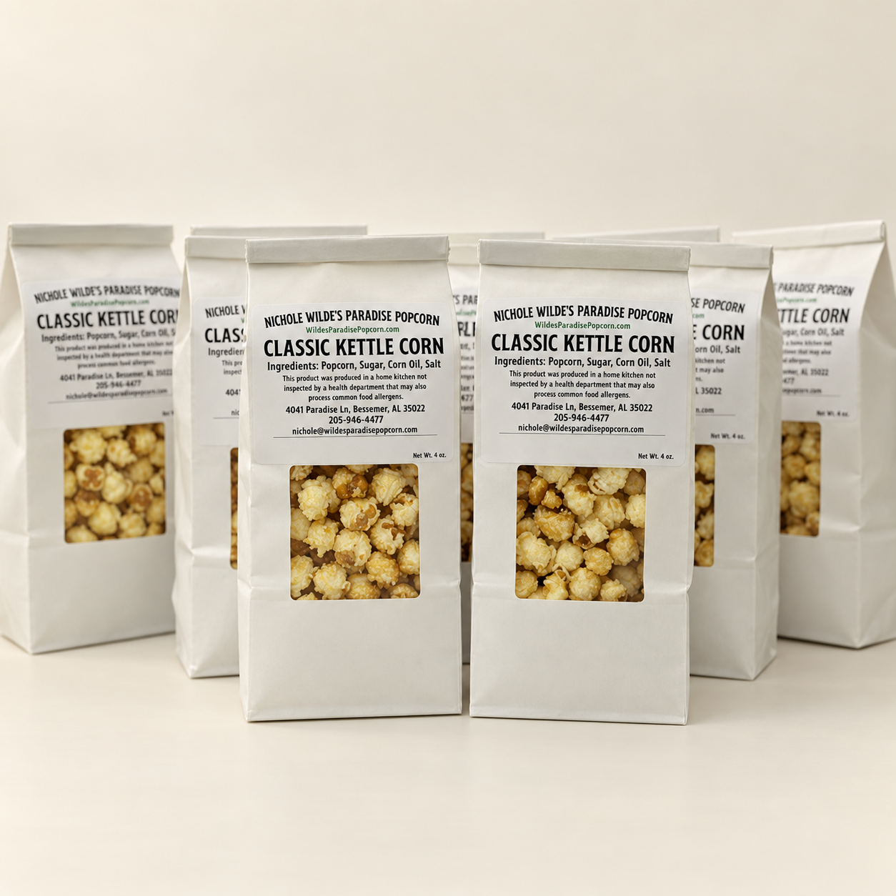 Group of white Paradise Popcorn Classic Kettle Corn bags