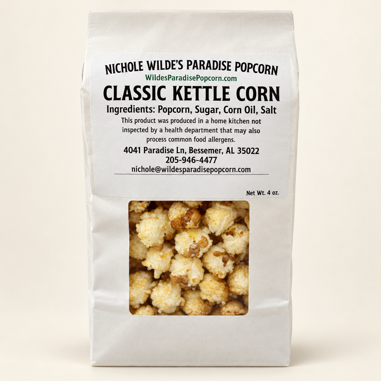White 4-ounce bag of Paradise Popcorn Classic Kettle Corn