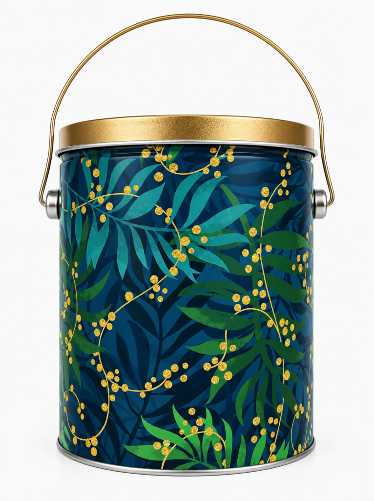 Decorative blue botanical popcorn tin with gold lid and handle