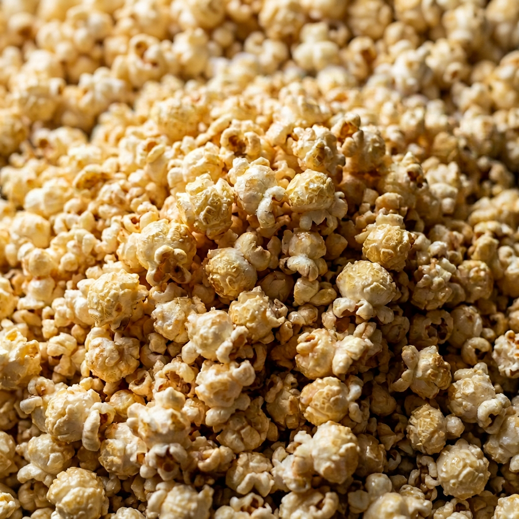 A bowl filled with freshly popped popcorn on a wooden surface